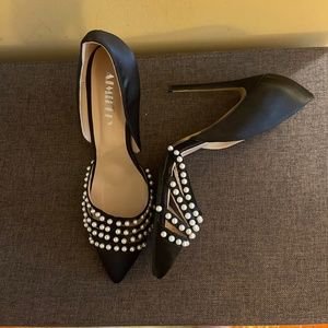Black satin and pearls stilettos size 14!